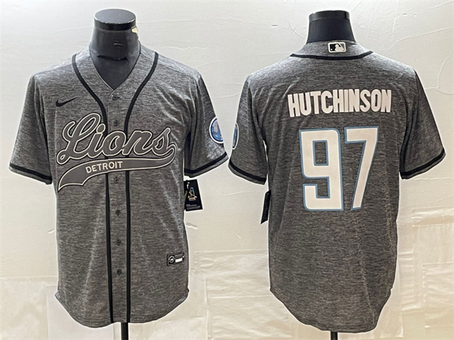 Men's Detroit Lions #97 Aidan Hutchinson Gray Cool Base Stitched Baseball Jersey